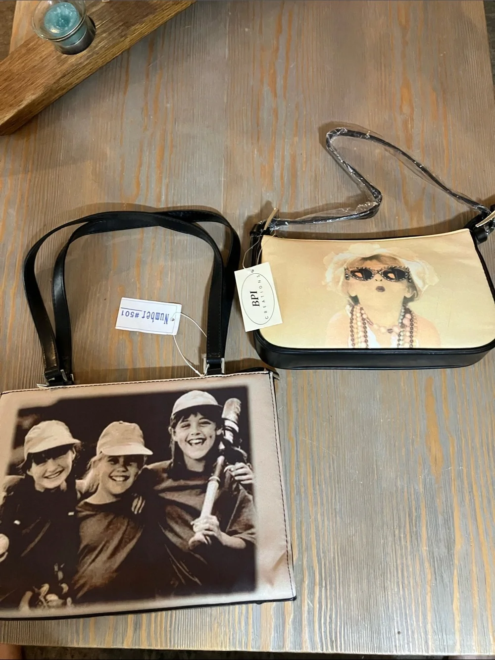 bp Black and Cream Photo-Print Shoulder Bag